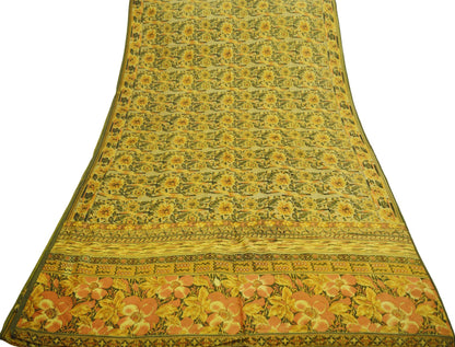 Indian Vintage Sari Green & Saffron 100% Pure Silk Printed Sarees Fabric 5yd Sewing Craft Fabric DressMaking Soft