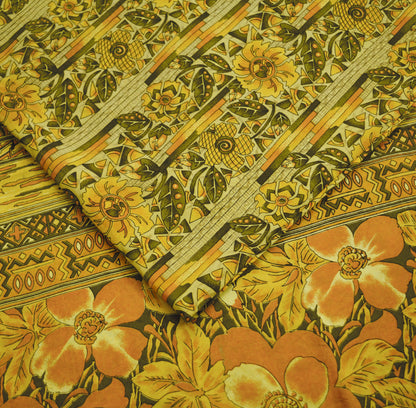 Indian Vintage Sari Green & Saffron 100% Pure Silk Printed Sarees Fabric 5yd Sewing Craft Fabric DressMaking Soft