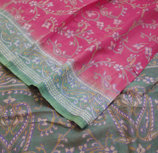 Indian Vintage Sari Gray & Pink 100% Pure Silk Printed Saree Fabric 5yard Sewing Craft DressMaking Floral