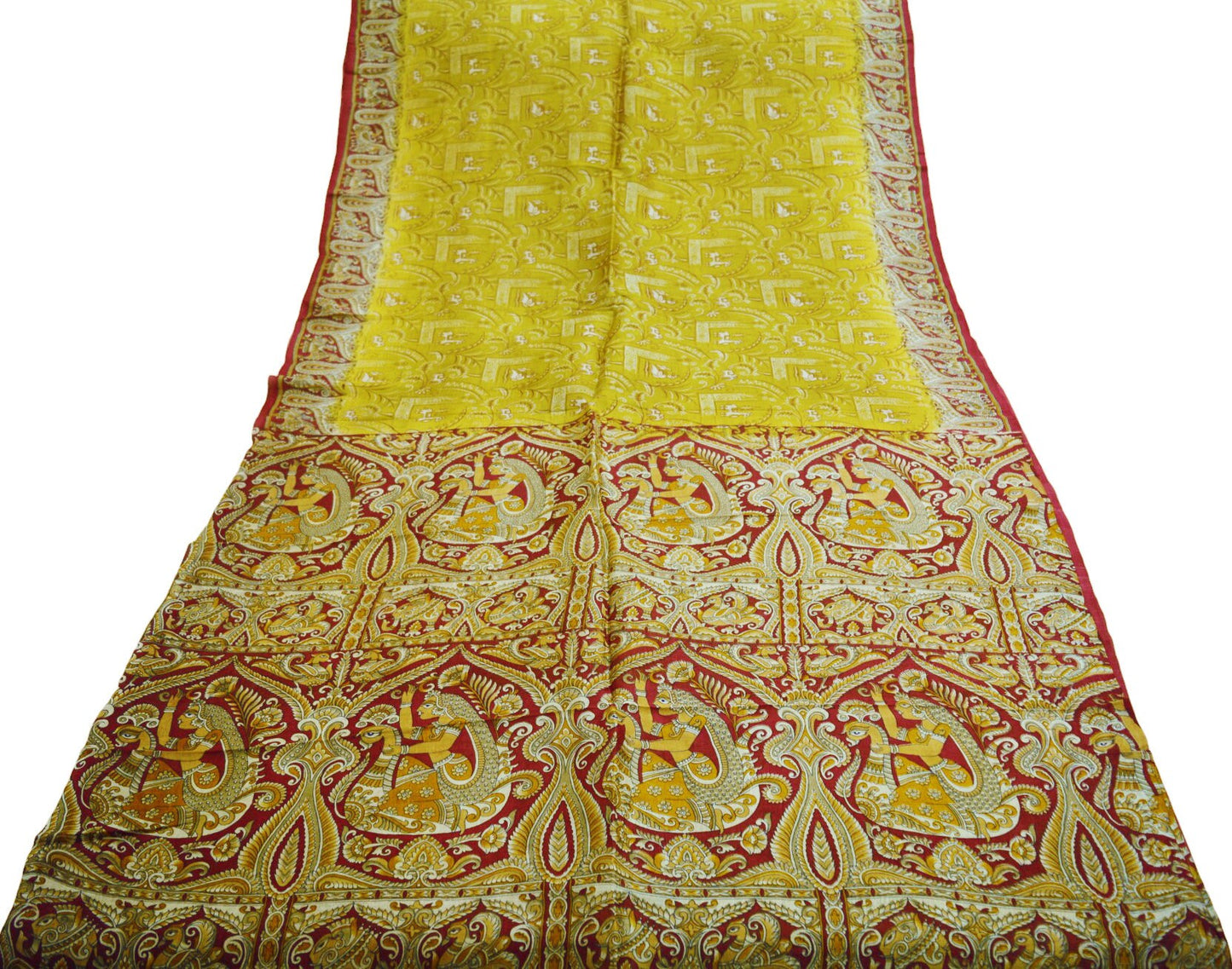 Indian Vintage Sari Maroon & Green Pure Silk Printed Saree Fabric 5yard Sewing Craft DressMaking