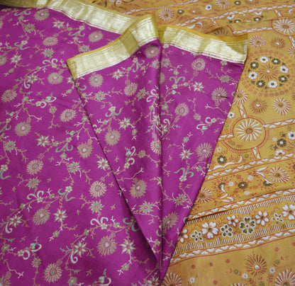 Indian Vintage Sari Purple & Saffron Pure Silk Printed Saree 5yard Sewing Quilting Craft Fabric DressMaking Soft Golden Zari