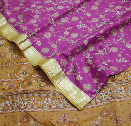 Indian Vintage Sari Purple & Saffron Pure Silk Printed Saree 5yard Sewing Quilting Craft Fabric DressMaking Soft Golden Zari
