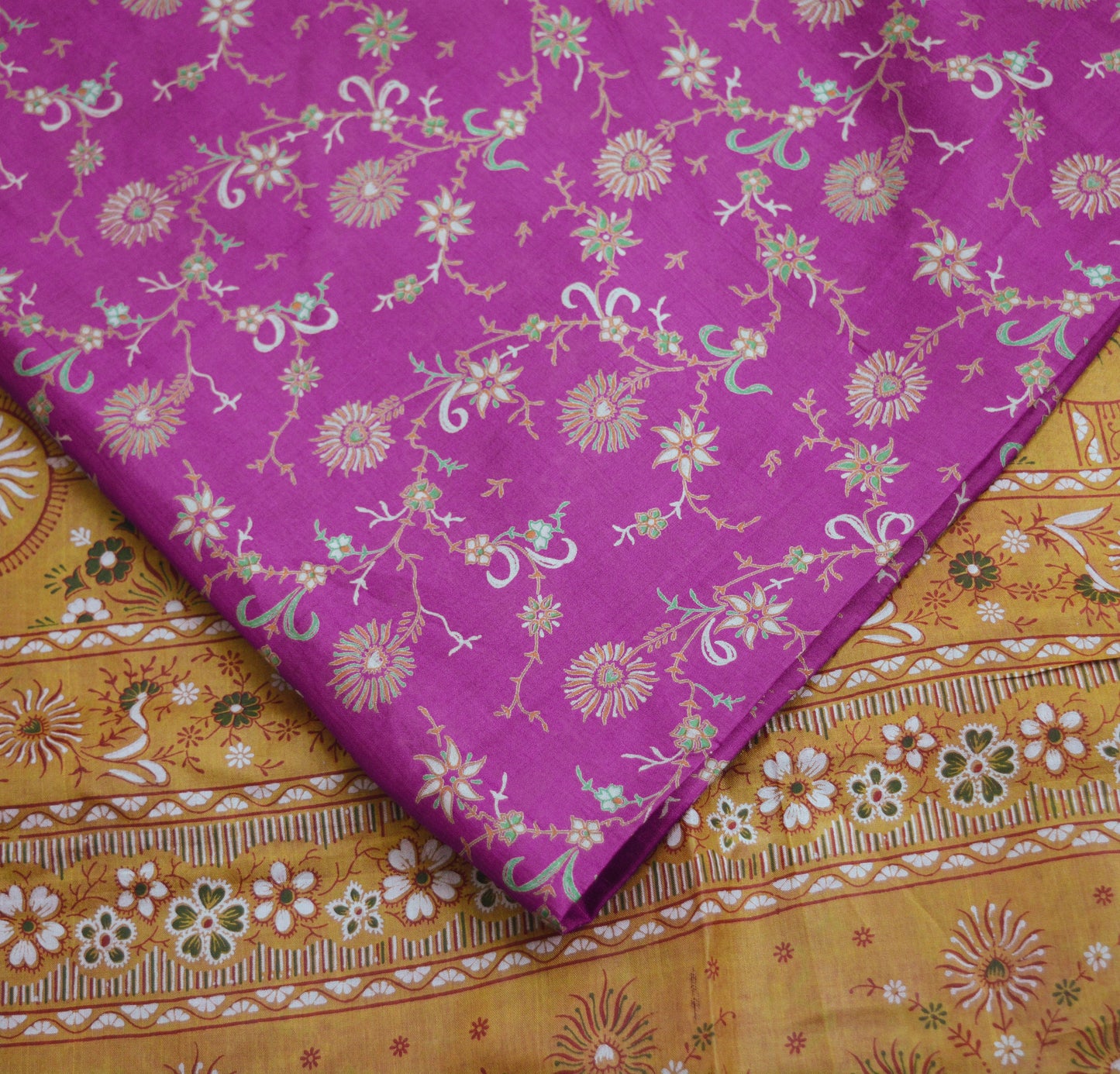 Indian Vintage Sari Purple & Saffron Pure Silk Printed Saree 5yard Sewing Quilting Craft Fabric DressMaking Soft Golden Zari