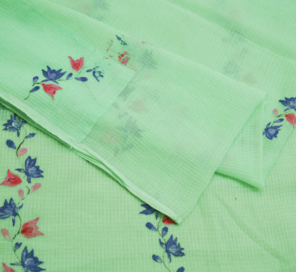 Indian Vintage Sari Green Hand Painted Pure Cotton Saree Craft Soft Fabric 5Yard Sewing Sarong Wrap Boho Floral