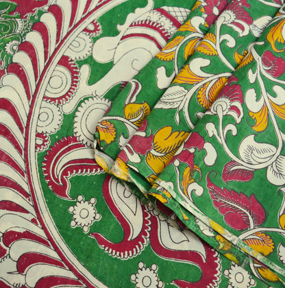 Indian Vintage  Sari Kalamkari Printed Pure Cotton Saree Fabric Soft Floral 5Yd Sarong Wrap Fabric Peacock