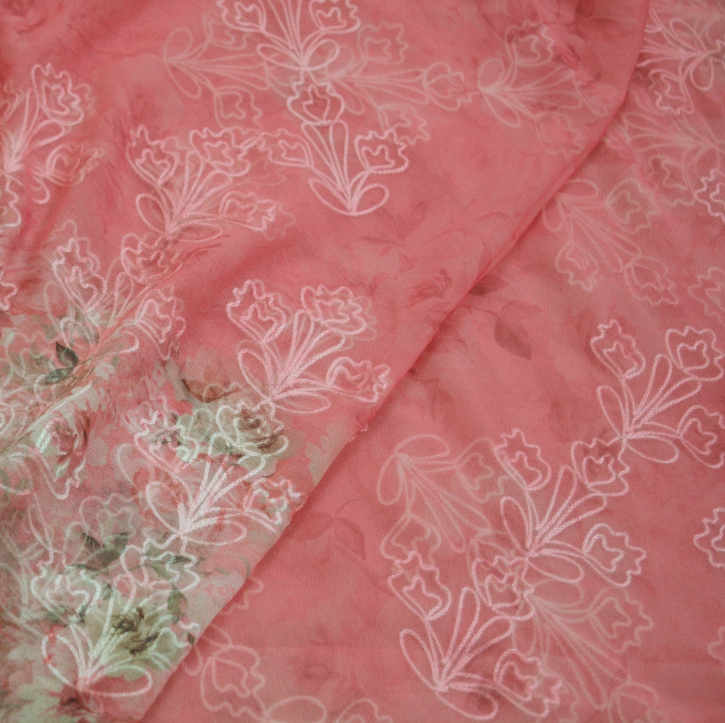 Vintage Pink Dupatta Long Stole Pure Georgette Silk Digital Hand Embroidered Indian Scarves Veil Hijab Floral