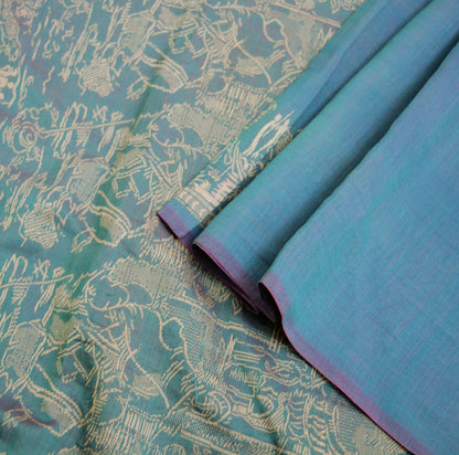 Vintage Blue Saree Pure Cotton Hand Woven Indian Sari 5Yard Soft Floral Ethnic Humans