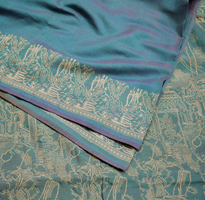 Vintage Blue Saree Pure Cotton Hand Woven Indian Sari 5Yard Soft Floral Ethnic Humans