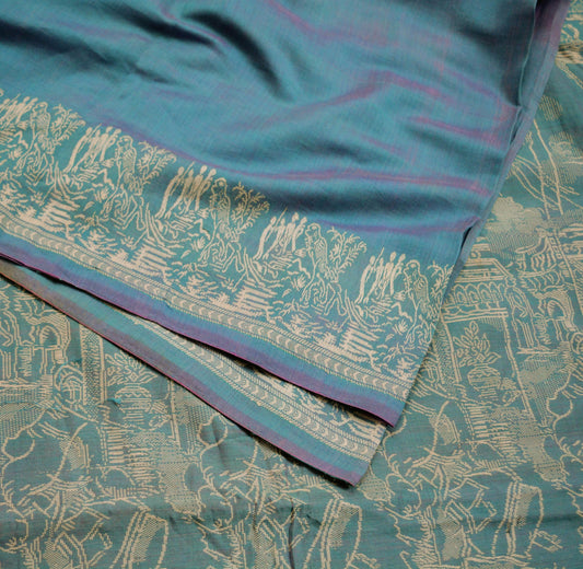 Vintage Blue Saree Pure Cotton Hand Woven Indian Sari 5Yard Soft Floral Ethnic Humans