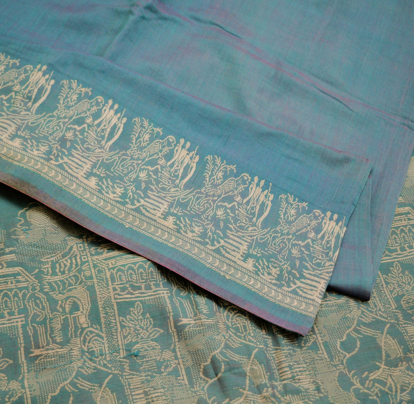 Vintage Blue Saree Pure Cotton Hand Woven Indian Sari 5Yard Soft Floral Ethnic Humans