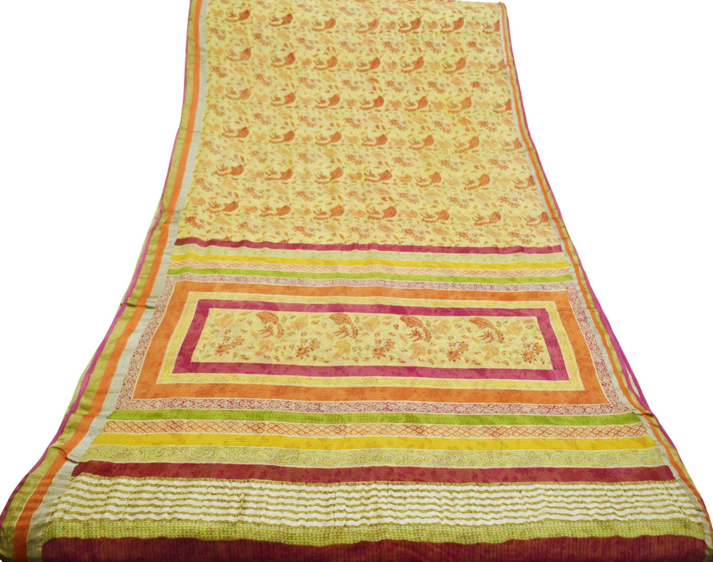 Women Vintage Sari Yellow Pure Chiffon Silk Printed Saree Craft Fabric Sewing 6Yard Soft Light Sari Dress Making Zari