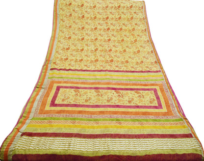 Women Vintage Sari Yellow Pure Chiffon Silk Printed Saree Craft Fabric Sewing 6Yard Soft Light Sari Dress Making Zari