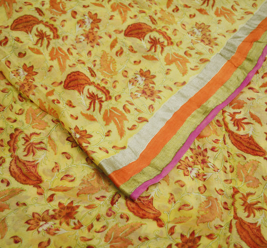 Women Vintage Sari Yellow Pure Chiffon Silk Printed Saree Craft Fabric Sewing 6Yard Soft Light Sari Dress Making Zari
