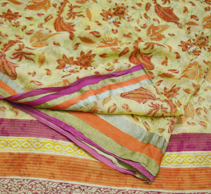 Women Vintage Sari Yellow Pure Chiffon Silk Printed Saree Craft Fabric Sewing 6Yard Soft Light Sari Dress Making Zari