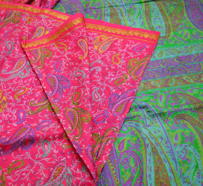 Indian Vintage Sari Pink & Green 100% Pure Silk Printed Saree 6yard Sewing Craft Fabric DressMaking Soft Golden Zari