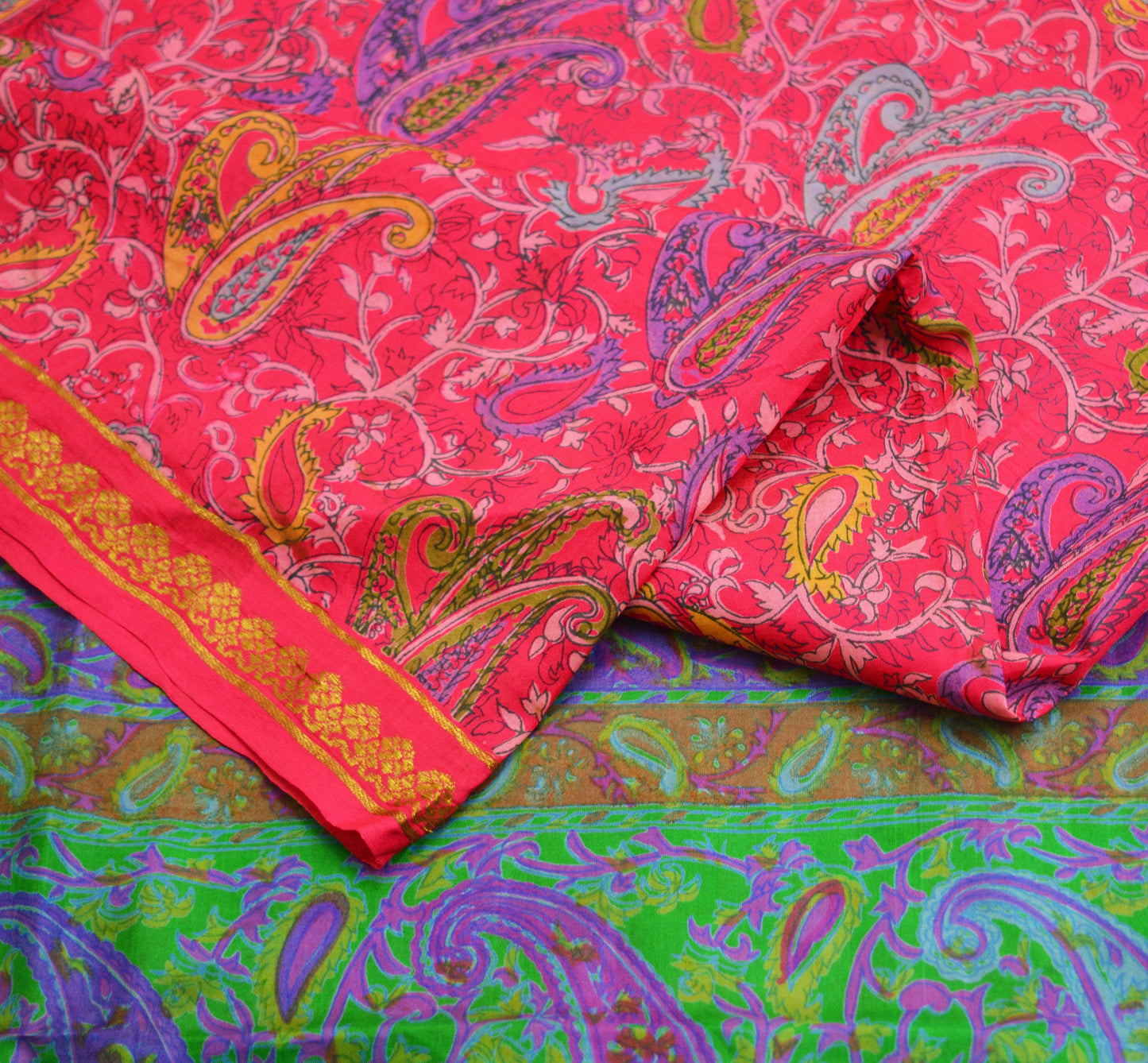 Indian Vintage Sari Pink & Green 100% Pure Silk Printed Saree 6yard Sewing Craft Fabric DressMaking Soft Golden Zari