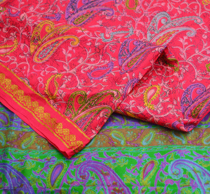 Indian Vintage Sari Pink & Green 100% Pure Silk Printed Saree 6yard Sewing Craft Fabric DressMaking Soft Golden Zari