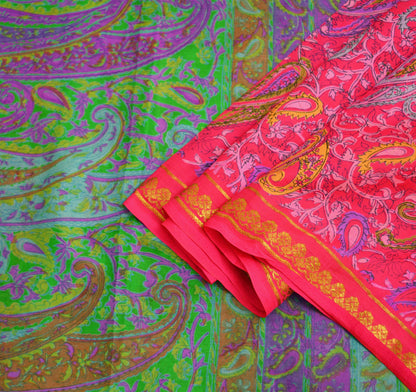 Indian Vintage Sari Pink & Green 100% Pure Silk Printed Saree 6yard Sewing Craft Fabric DressMaking Soft Golden Zari