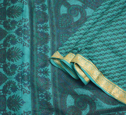 Indian Vintage Sari Green Pure Silk Printed Saree 5yard Sewing Craft Fabric DressMaking Soft Golden Zari