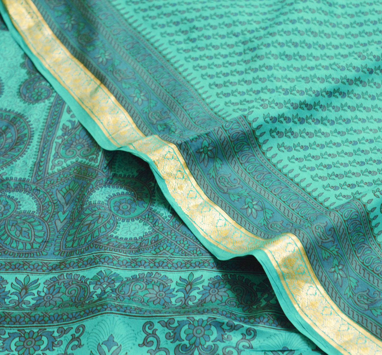 Indian Vintage Sari Green Pure Silk Printed Saree 5yard Sewing Craft Fabric DressMaking Soft Golden Zari