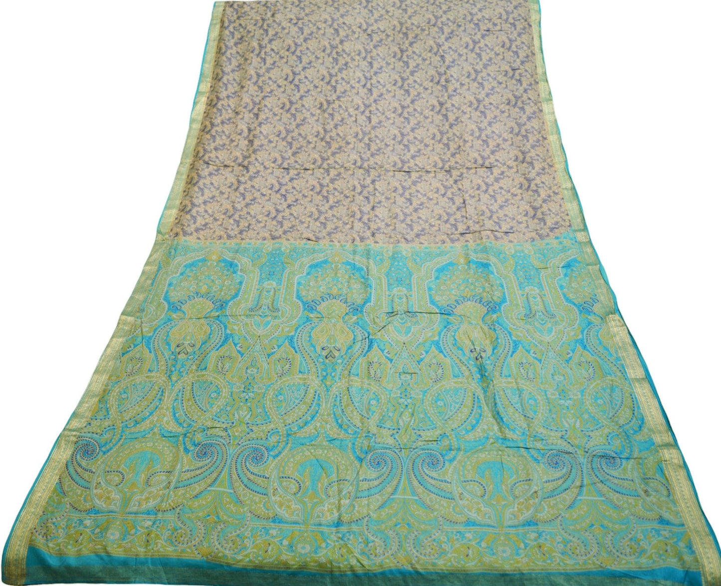 Indian Vintage Sari Blue & Gray Pure Silk Printed Saree  Fabric 5yard Sewing Craft Fabric DressMaking Soft Wrap Zari