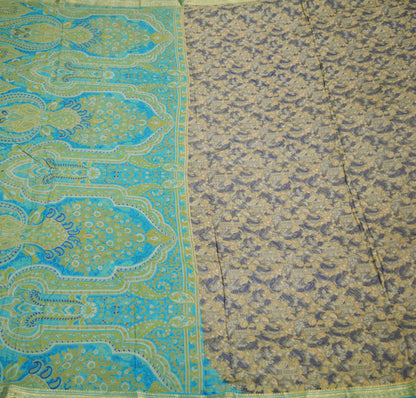 Indian Vintage Sari Blue & Gray Pure Silk Printed Saree  Fabric 5yard Sewing Craft Fabric DressMaking Soft Wrap Zari