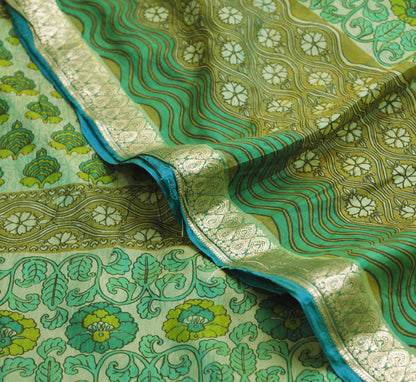 Indian Vintage Sari Green Pure Silk Printed Saree 5yard Sewing Craft Fabric DressMaking Soft Golden Zari