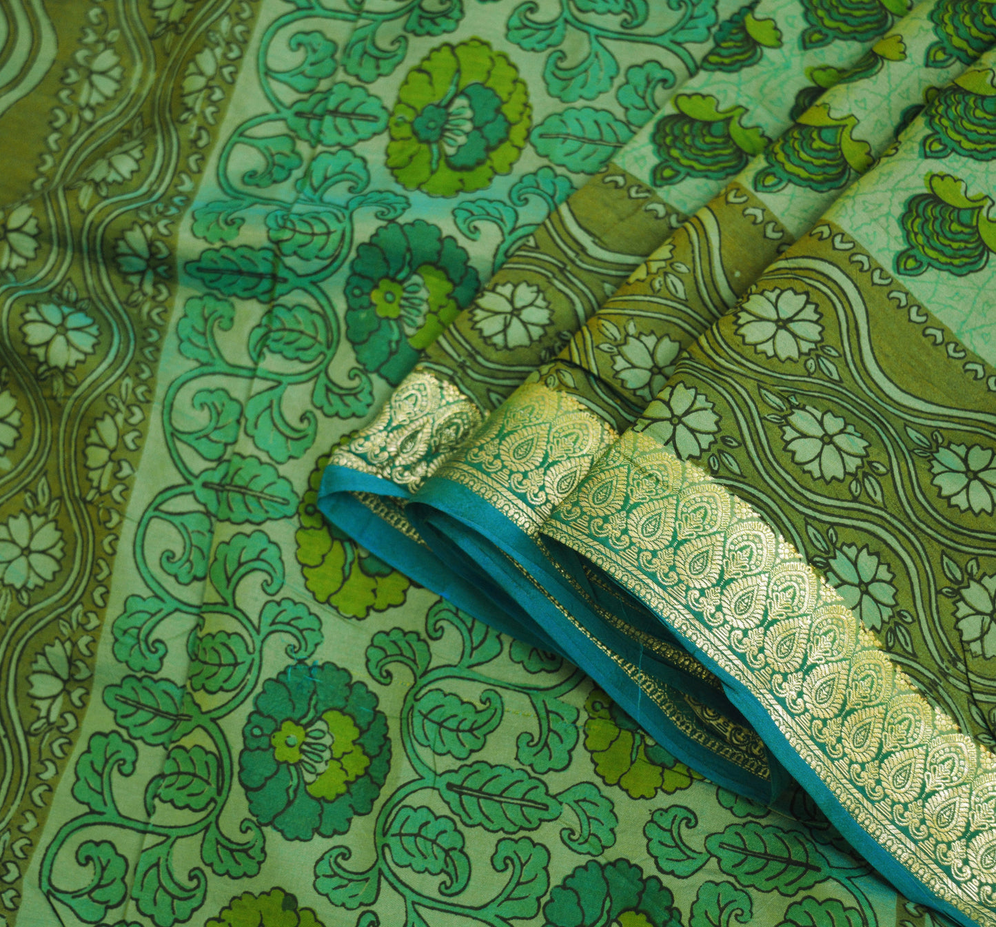 Indian Vintage Sari Green Pure Silk Printed Saree 5yard Sewing Craft Fabric DressMaking Soft Golden Zari