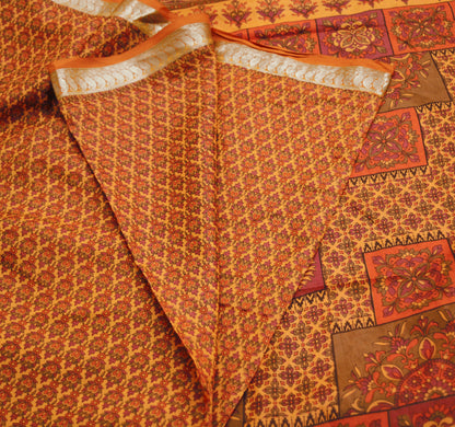 Indian Vintage Sari Orange 100% Pure Silk Printed Saree Fabric 5yard Sewing Craft Fabric DressMaking  Soft Wrap Zari