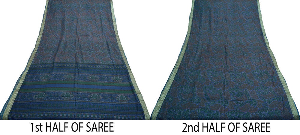 Indian Vintage Sari Blue Pure Silk Printed Saree 5yard Sewing Craft Fabric Dress Making Soft Wrap Floral Zari