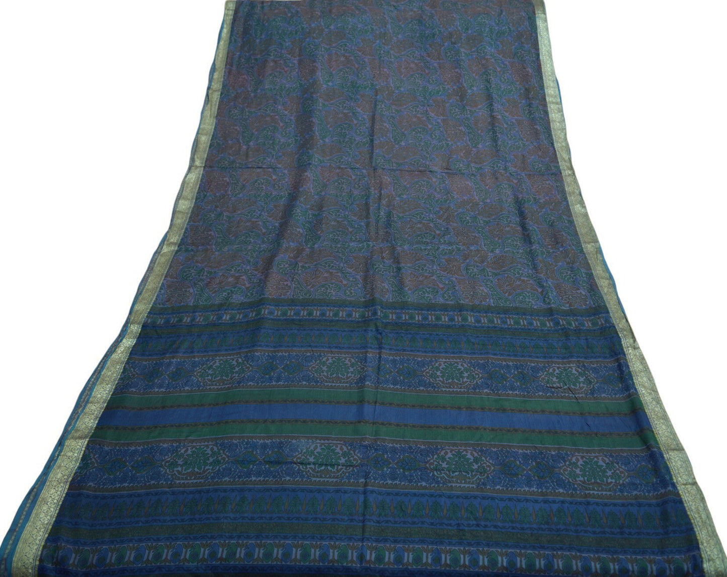 Indian Vintage Sari Blue Pure Silk Printed Saree 5yard Sewing Craft Fabric Dress Making Soft Wrap Floral Zari