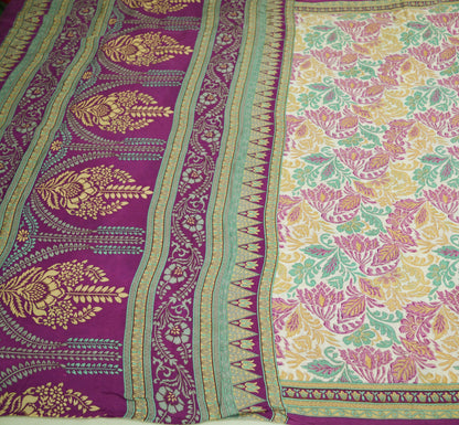 Indian Vintage Sari Purple & Ivory Pure Silk Printed Saree Fabric 6yd Sewing Craft Fabric DressMaking Floral