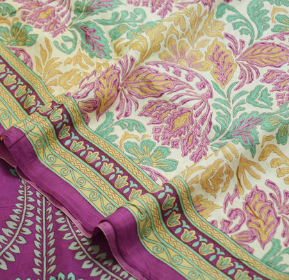Indian Vintage Sari Purple & Ivory Pure Silk Printed Saree Fabric 6yd Sewing Craft Fabric DressMaking Floral