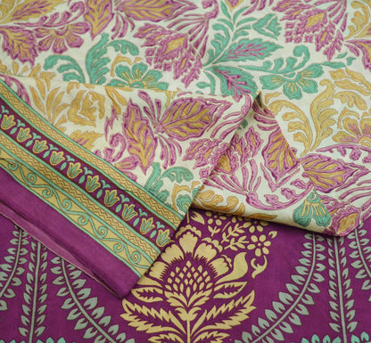 Indian Vintage Sari Purple & Ivory Pure Silk Printed Saree Fabric 6yd Sewing Craft Fabric DressMaking Floral