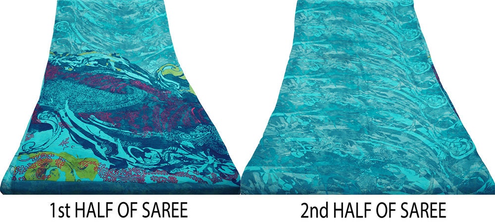 Women Vintage Sari Blue Pure Georgette Silk Printed Saree Craft Fabric Sewing 5Yard Soft Light Dress Making Abstract