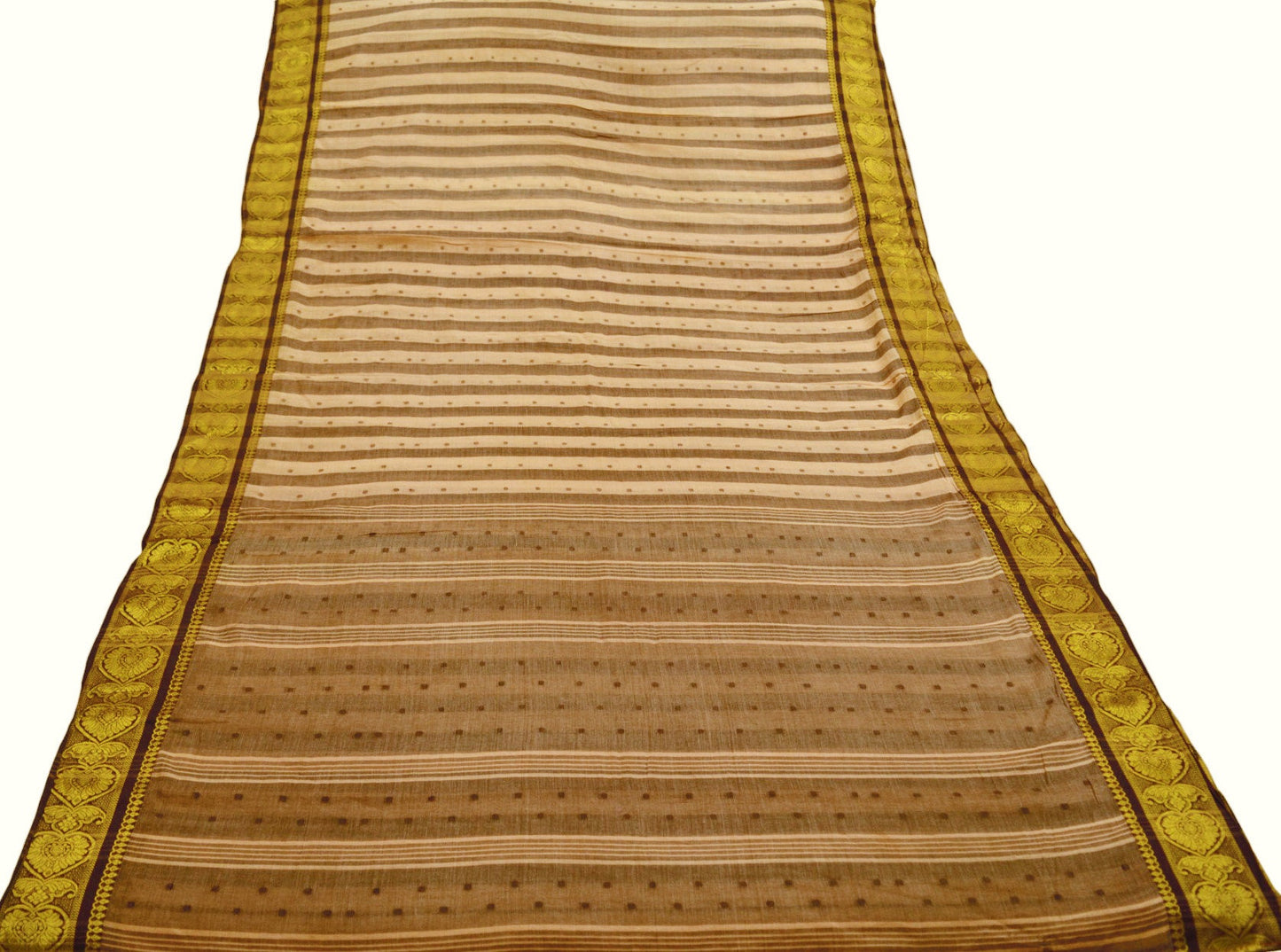 Vintage Sari Brown & Beige Pure Cotton Hand Woven Saree Golden Zari 5Yard Soft Floral Golden Zari