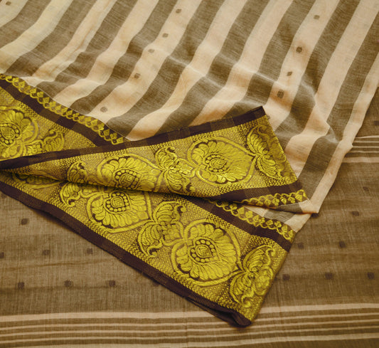 Vintage Sari Brown & Beige Pure Cotton Hand Woven Saree Golden Zari 5Yard Soft Floral Golden Zari