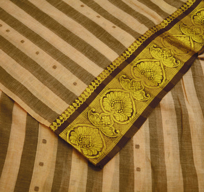 Vintage Sari Brown & Beige Pure Cotton Hand Woven Saree Golden Zari 5Yard Soft Floral Golden Zari