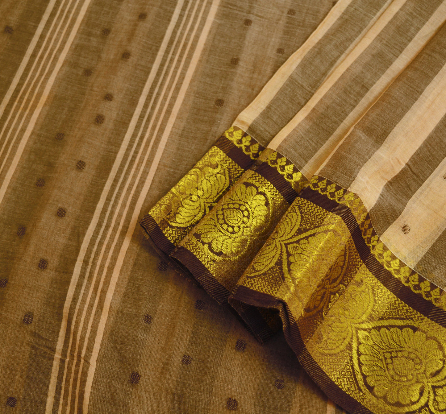 Vintage Sari Brown & Beige Pure Cotton Hand Woven Saree Golden Zari 5Yard Soft Floral Golden Zari