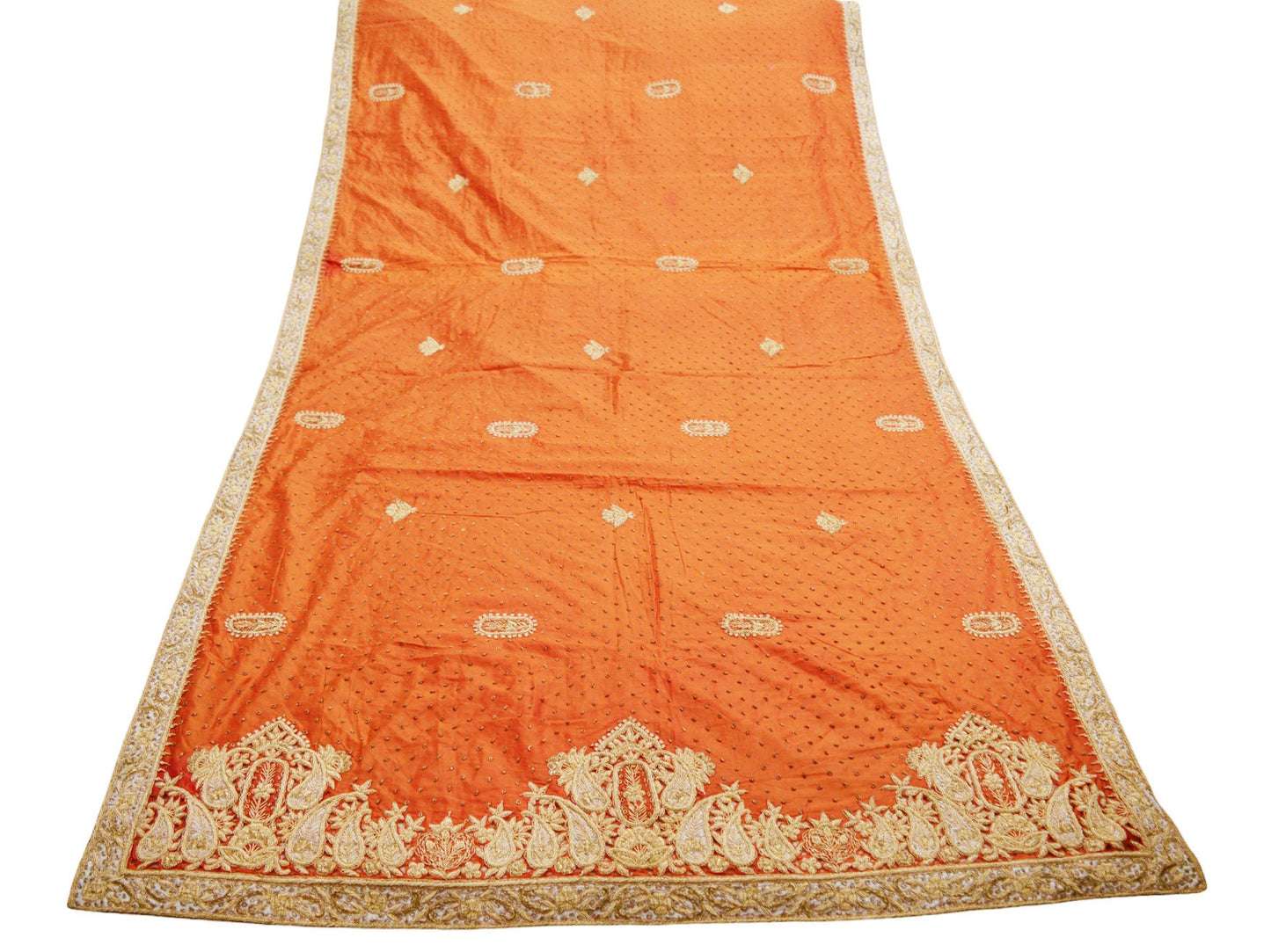 Indian Vintage Heavy Wedding Orange Dupatta Pure Silk Long Stole Hand Embroidered Scarves Golden Zardozi Zari Stole