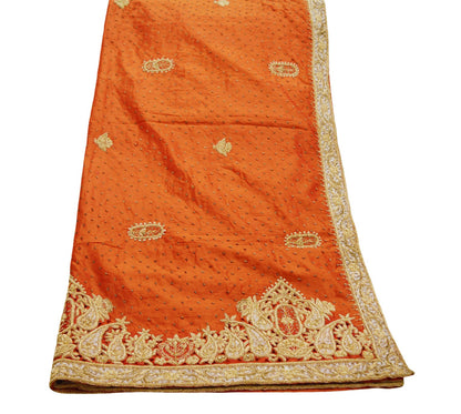 Indian Vintage Heavy Wedding Orange Dupatta Pure Silk Long Stole Hand Embroidered Scarves Golden Zardozi Zari Stole