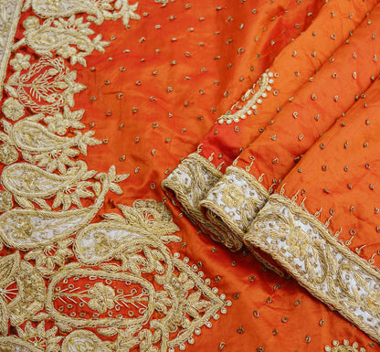 Indian Vintage Heavy Wedding Orange Dupatta Pure Silk Long Stole Hand Embroidered Scarves Golden Zardozi Zari Stole