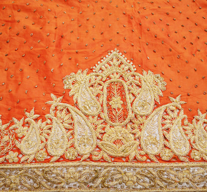 Indian Vintage Heavy Wedding Orange Dupatta Pure Silk Long Stole Hand Embroidered Scarves Golden Zardozi Zari Stole