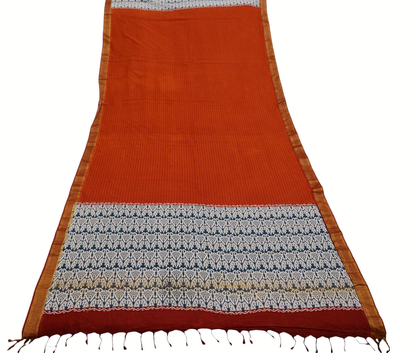 Indian Vintage Orange & Blue Dupatta Long Stole Block Print Cotton Indian Scarves Veil Golden Zari Soft Floral Design