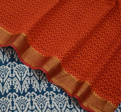 Indian Vintage Orange & Blue Dupatta Long Stole Block Print Cotton Indian Scarves Veil Golden Zari Soft Floral Design