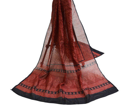 Indian Vintage Peach & Maroon Dupatta Long Stole Block Print Pure Chanderi Silk Indian Scarves Veil Floral Design