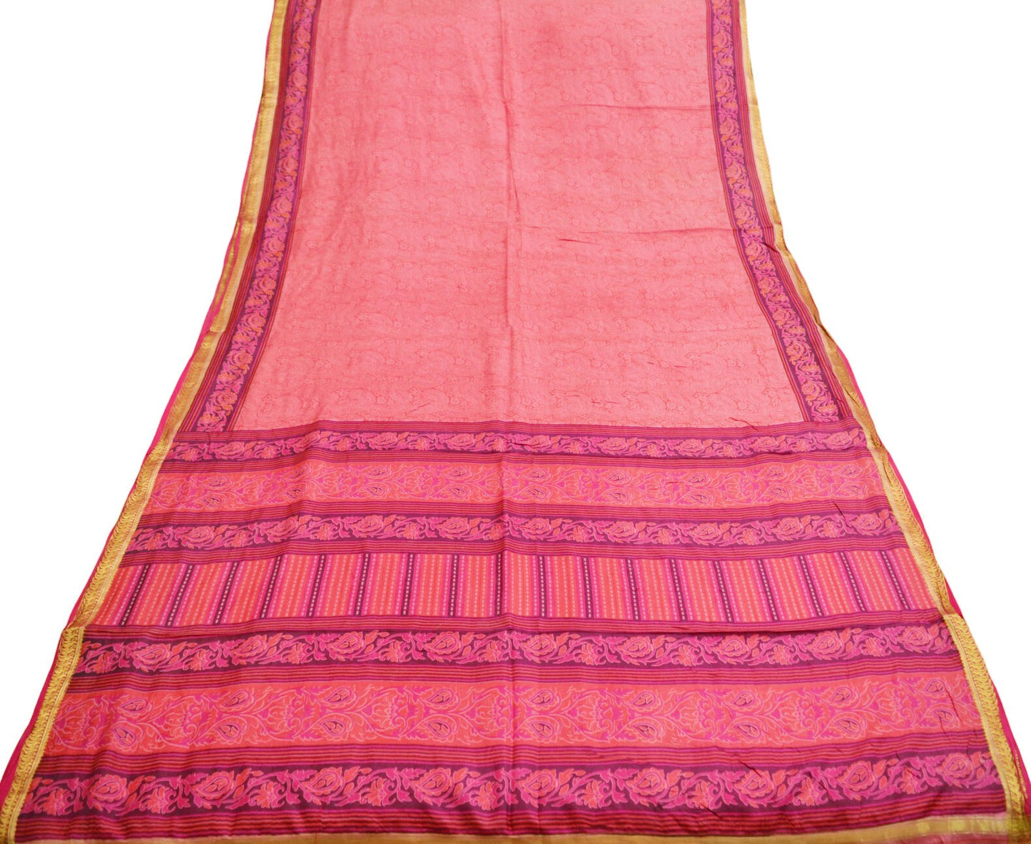 Indian Vintage Sari Pink 100% Pure Silk Printed Saree 5yard Sewing Craft Fabric DressMaking Soft Golden Zari