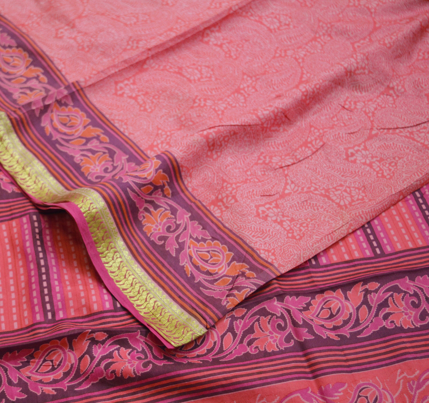 Indian Vintage Sari Pink 100% Pure Silk Printed Saree 5yard Sewing Craft Fabric DressMaking Soft Golden Zari