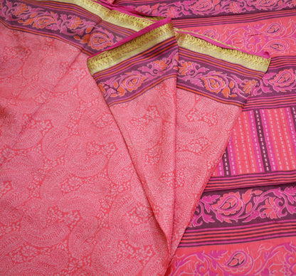 Indian Vintage Sari Pink 100% Pure Silk Printed Saree 5yard Sewing Craft Fabric DressMaking Soft Golden Zari