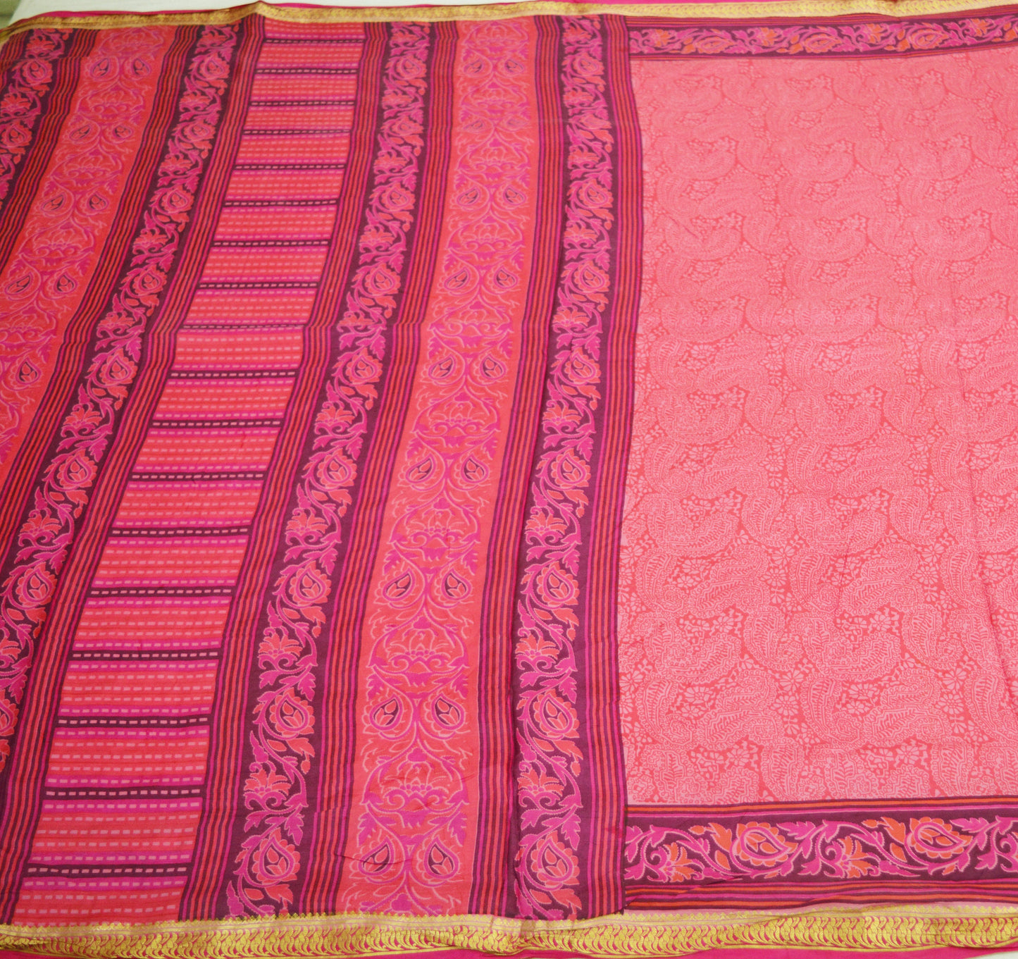 Indian Vintage Sari Pink 100% Pure Silk Printed Saree 5yard Sewing Craft Fabric DressMaking Soft Golden Zari